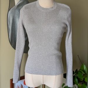 Nine West Silver Metallic Ribbed Knit Sweater Chevron Detail Size S EUC